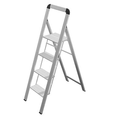 Mephisto Leiter Trittleiter Klappleiter Stufenleiter Haushaltsleiter flach aus Aluminium inkl. Anti Rutsch Trittflächen mit 4 Stufen mit Griff bis 150 kg Tragkraft