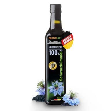 NUTRILIFE by Kräuterland Schwarzkümmelöl 500ml, ungefiltert, naturrein ohne Zusatzstoffe, 100% Nigella Sativa, Omega 3-6-9, kaltgepresst, glasflasche, mühlenfrisch aus unsrer hessischen Ölmühle