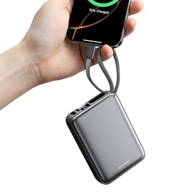 Eazpower Powerbank 20,000mAh 45W Schnellladefunktion mit Integriertem USB-C Kabel, Externe Handyakkus Klein Leicht für Samsung Galaxy S25 Ultra/S25+, iPhone 17/16 15Serie, Tablets - Raummetallsilber
