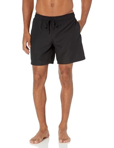 Amazon Essentials Herren Badehose mit Netzfutter, Taschen und Kordelzugverschluss, Schwarz, L