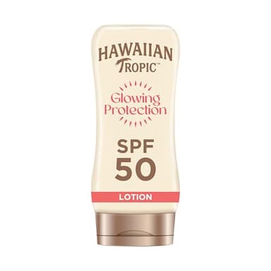 Hawaiian Tropic Glowing Protection Sunscreen Lotion, wasserfeste Sonnencreme mit LSF 50 UVA- + UVB-Schutz, tropischer Duft, mit Sheabutter, 180 ml