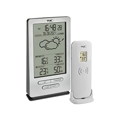 TFA Dostmann Funk Wetterstation Xena, 35.1162.54, mit Außensensor, Innen und Außentemperatur messen, mit Wettervorhersage, inkl Funkuhr, Luftfeuchtigkeit, batteriebetrieben, silber