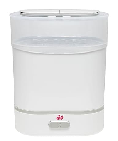 NIP Sterilisator Babyflaschen: Vaporisator für bis zu 6 Flaschen, Schnuller + Zubehör, Schnelle und sichere Dampfsterilisation in nur 9 Minuten, mit Abschaltautomatik, Weiß