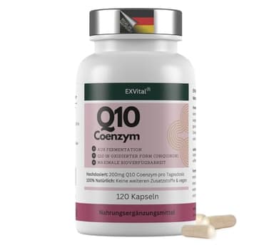 EXVital® Q10 Coenzym Ubiquinol – 200mg pro Kapsel – 120 vegane Kapseln – reicht für 4 Monate – hochdosiert & ohne Zusätze, in Deutschland produziert & laborgeprüft