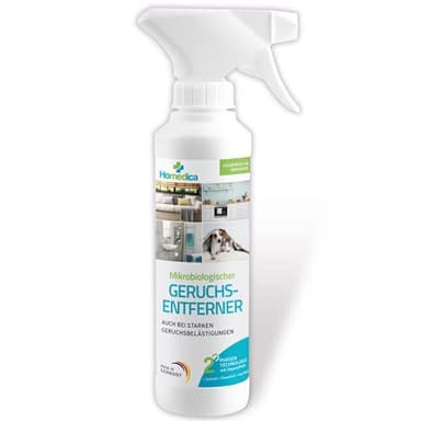 HOMEDICA Geruchsentferner Spray 250ml - Vegan & Made in Germany - Mikrobiologischer Enzymreiniger für Textilien, Polstern & Tierfellen - gegen unangenehme Gerüche