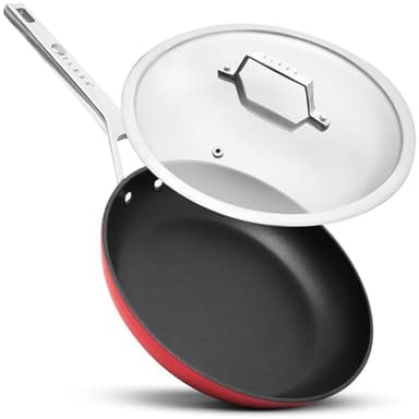 TLESS® Pfanne mit Deckel backofengeeignet Ø 28 cm | Bratpfanne & Universalpfanne für Induktion | sehr widerstandsfähig & spülmaschinenfest | beschichtete Pfanne in Rot | Jetzt Testen