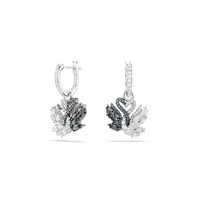 Swarovski Swan Drop-Ohrhänger, Schwarze Ohrringe im Metallmix mit Schwan-Motiv und Strahlenden Swarovski Kristallen in Schwarz und Weiß, Größe: 2.5 x 1.4 cm