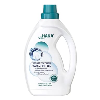HAKA Weiß Waschmittel flüssig, 1 L (33 WL), strahlend weiße Hemden, Blusen, feine Unterwäsche & Gardinen, mit Knitterschutz & Glättungsformel, entfernt Grauschleier, vegan