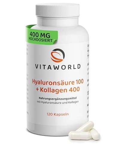 Hyaluron Kollagen Kapseln - hochdosierte 200 mg Hyaluronsäure + 800 mg Kollagen pro Tag (120 Kapseln) – bioaktive Collagen Peptide – Collagen Kapseln ohne Zusätze, laborgeprüft, glutenfrei – vitaworld