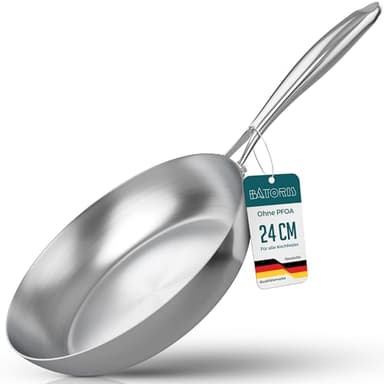 Batoris Edelstahlpfanne Unbeschichtet - Induktion - Profi Bratpfanne 24cm - Perfekt als Steakpfanne & Pastapfanne ohne Beschichtung - Brat- Universalpfanne frei von PFOA, PTFE & PFAS - Ofenfest