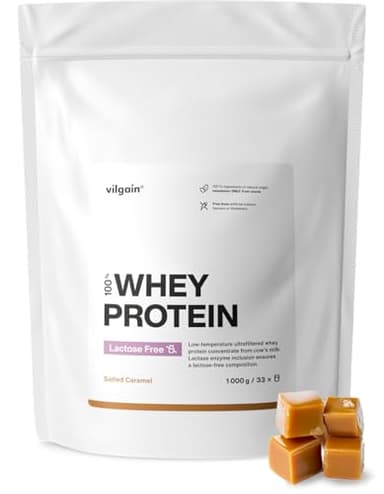 Vilgain Lactose Free Whey Protein – 1000 g – 75% Protein, laktosefrei, gesüßt mit Stevia, ultrafiltriert bei niedrigen Temperaturen (1000g, Gesalzenes Karamell)