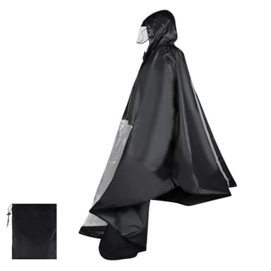 lalago Wasserdicht Radfahren Regen Poncho, Regencape mit Kapuze und Durchsichtigem Panel, Regenponcho für Elektrofahrzeuge, Umhang für Outdoor Aktivitäten - Wetterfest(Schwarz ohne Spiegeltasche)