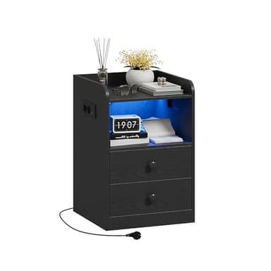 IRONCK Nachttisch mit Steckdose und LED, Beistelltisch mit 1 USB & 1 Typ-C Anschlusse, Nachtschrank 2 Schubladen&offene Fächer, Sofatisch für Wohnzimmer, Schlafzimmer, Arbeitszimmer, Schwarz