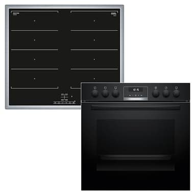 Bosch HND619LA61 Einbauherd-Set, Bestehend aus HEG517BB4 Herd, 60 x 60 cm, 3D Heißluft, Hydrolyse, LED Display, Pizzastufe & NXX645CB5E Induktionskochfeld, Flex Induction, Edelstahlrahmen