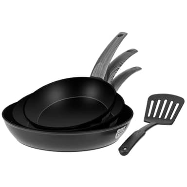 GRÄWE Pfannenset, 3-teilig, Ø 20 cm, Ø 24 cm, Ø 28 cm, induktionsgeeignet, inkl. Pfannenwender, rutschfeste Kunststoffgriffe in Holzoptik, neu: Beschichtung frei von PFAS und PFOA, PFOS