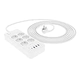 Amazon Basics Rechteckig Überspannungsschutzgerät, 6 Anschlüsse, 1 USB-C (20W), 3 USB-A (12W), 1050 J, 1,5 m geflochtenes Kabel, Weiß