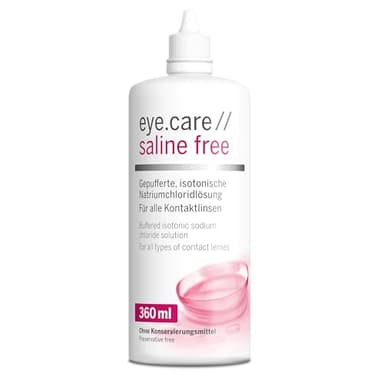 Eye.care ph-neutrale Kochsalzlösung für Kontaktlinsen – ohne Konservierung – isotonische Saline Free Solution für harte und weiche Kontaktlinsen bei empfindlichen Augen 360 ml