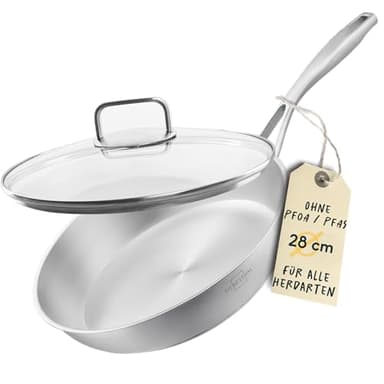 SILBERTHAL Edelstahl Pfanne Unbeschichtet mit Glasdeckel - Induktion - Profi Bratpfanne 28cm - Röstaromen - Ofenfest bis 400°C (Deckel 150°C)