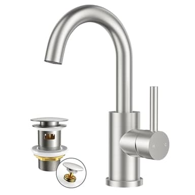 FORIOUS Wasserhahn Bad Hoch mit Ablaufgarnitur,360° Drehbar Edelstahl Waschtischarmatur Hoch mit Warm/Kaltwasser Mischbatterie Einfache Montage für Badezimmer Waschbecken