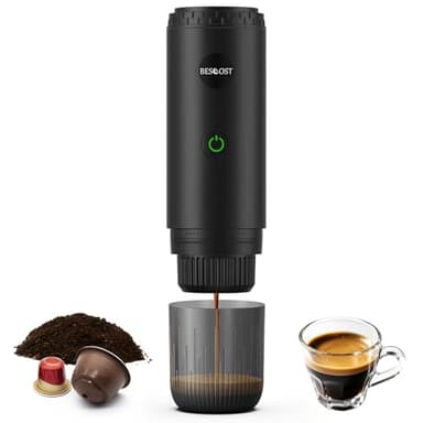 BESCOST Tragbare Espressomaschine, 3 in 1 für NS & DG Kapseln & Kaffeepulver, Kaffeemaschine mit Heizfunktion – 20 Bar Druck, USB-C Akku, ideal für Reise & Camping