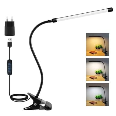 Akynite 8W Schreibtischlampe Klemmbar Schwarz, Adapter Enthalten, USB Klemmlampe mit Kabel, 3 Farbwechsel & 10 Helligkeit, Leselampe Bett Klemme, Flexibel Schwanenhals Lampe Klemmleuchte