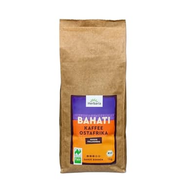 Herbaria BAHATI Bio Kaffee ganze Bohnen 1kg – Naturland Fair zertifiziert aus Ostafrika – feinste Kaffee-Aromen nach gerösteten Nüssen & Schokolade – Bio Kaffeebohnen perfekt für Kaffeevollautomaten