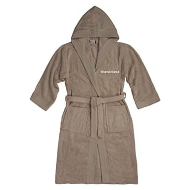 LIQUISIGN Bademantel mit Name Wunschtext bestickt | Personalisierter Bademantel Größe L/XL | Morgenmantel kuschelig Unisex aus 100% Baumwolle | Taupe