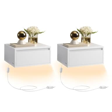 VASAGLE Nachttisch hängend 2er Set, Leuchte mit 3 Farben, schwebendes Wandregal, Schublade, 35 x 40 x 18 cm, modern, Wohnzimmer Schlafzimmer, wolkenweiß LET854W01