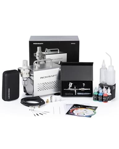 InoKraft Airbrush-Set mit Kompressor 1/6 HP leiser Luftkompressor, Airbrushpistole 3 Düsen (0,2, 0,3 & 0,5 mm) Schlauch, Halter & Anleitung, Airbrush für Modellbemalung, Geschenk für Kinder 4 Farben