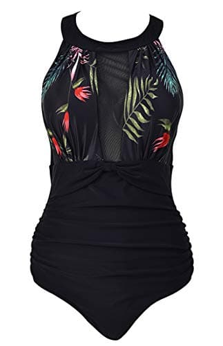 VILOREE Damen Schlankheits Badeanzug Raffung Einteiler High Neck Bademode Strandmode Blumen #2 L