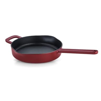 Fissler Moments Collection/Emaillierte Gusseisen-Pfanne (Ø 26 cm) antihaftend, hoher Rand, mit Ausgießern, Aufhänge-Öse, PFAS/PTFE-frei, Induktion – Burgunderrot