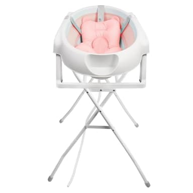 Baby Badewanne Faltbare Babybadewanne, Baby Bathtub Babywanne Wanne Faltbar mit Badewannenhocker, Rutschfeste Tragbare Reisedusche Badebecken Duschwanne für Neugeborene (Rosa, mit Ständer, 66*61*82cm)
