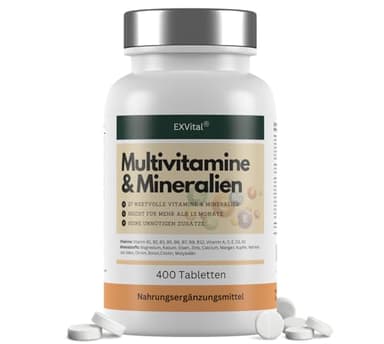 Multivitamin Tabletten - 400 vegane Tabletten, 27 Vitamine & Mineralien, mit Vitamin B Komplex, Vitamin D, Magnesium, Kalium uvm., kein Magnesiumstearat, laborgeprüft und hochdosiert