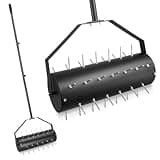 Ricyea Rasenbelüfter Manuell, Aerifizierer für Rasen, Rasenlüfter Walzen, Rasenrolle mit 39 Nägeln (6cm) und Stiel, Handvertikutierer Rasenwalze für Höfe, Rasenflächen im Garten (44cm x 141cm/93.5cm)