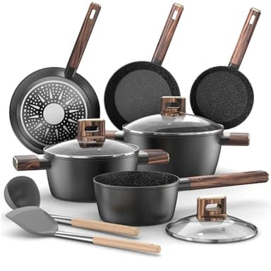 Topfset Pfannenset 11-teiliges - Kochtopf Set Induktion Antihaft-Kochgeschirr Töpfe Set aus Aluminium, Pfanne 20/28cm, Tiefe Bratpfanne 24cm, Kochtöpfe mit Deckel 16/20/24cm, PFOA-, PFOS-frei Topbooc
