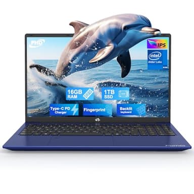 NIMO 15.6" Laptop FHD Computer: 16GB RAM, 1TB SSD, Win 11 Home, N100, WLAN-Konnektivität, Fingerabdruckleser, 65W PD, Tastatur mit Hintergrundbeleuchtung, 1 Jahr Support, Blau