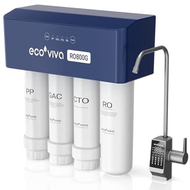 Ecoviva RO800G Untertisch Osmoseanlage Umkehrosmoseanlage Trinkwasser, Reduziert TDS, Schneller Wasserdurchfluss, 3:1 Abwasser, NSF/ANSI 58 Standard, mit LED-Armatur, Langlebig Filterkartusche