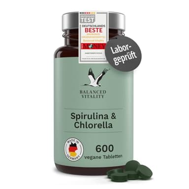Spirulina und Chlorella 1600 mg - 600 vegane Presslinge für 2,5 Monate - Mikroalgen ohne Zusatzstoffe - Laborgeprüft - Balanced Vitality