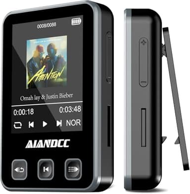 MP3 Player Bluetooth 5.3 mit Sport Clip und Sportarmband, mp3-player mit 1,77 Zoll TFT Farbbildschirm, Mp3 Player mit Kopfhörer, Unterstützt bis 128GB SD Karte, Schwarz