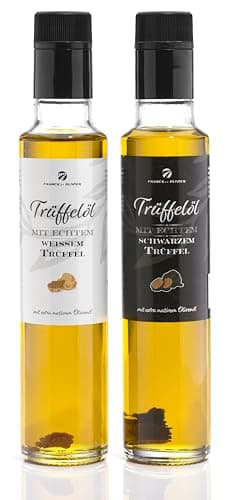 Gourmet Trüffelöl-Set (2 x 250 ml) mit echtem schwarzen und weißen Trüffel. Aus nativem Olivenöl. Für Saucen und zum Verfeinern von Gerichten. Für vegane und glutenfreie Ernährung geeignet