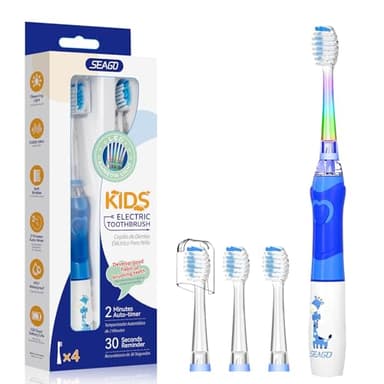 Seago Elektrische Zahnbürste Kinder ab 3-12 jahre Kinderzahnbürsten mit Farbigem Licht Smart Timer 4 Weich Bürstenköpfes Wasserdicht Baby Schallzahnbürste für Mädchen Jungen SG-977 (Neu Blau-DE)