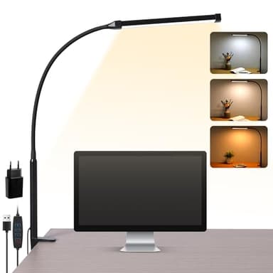 LIBORA Schreibtischlampe LED Klemmbar, Dimmbare Schreibtischlampe mit 3 Farben und 10 Helligkeitsstufen, Tageslichtlampe Schreibtisch Lampe, Augenschonende Klemmleuchte, Schwarz