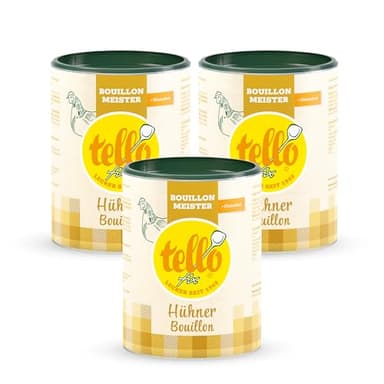 Tellofix 3er Set Hühner-Bouillon 3x 500g – Hühnerbrühe für 60L Brühe - Klare Hühnersuppe als Basis für Suppen, Eintöpfe & Geflügel - Kalorienarm, ohne Zucker, fettfrei & glutenfreie Lebensmittel