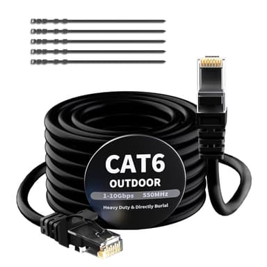 Mygatti CAT 6 Ethernet Kabel 10 Meter-Schwarz für Außen&Innenbereich,wasserdicht,direkte Verlegung,Gigabit Netzwerkkabel,UTP,CCA,RJ45-LAN-Patchkabel für POE-Kamera,Router,Modem,Switch+25 Kabelbindern