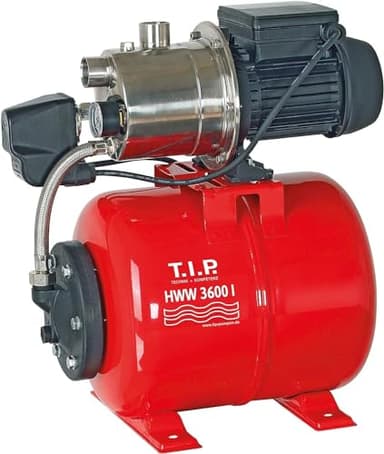 T.I.P. 31188 Hauswasserwerk HWW 3600 I (Fördermenge max. 3.600 l/h, Förderhöhe max. / Druck max. 40 m / 4,0 bar, 650 Watt, 18 l Stahl-Druckkessel, Druckschalter und Manometer)