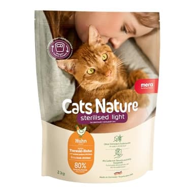 MERA Cats Nature Sterilised/Light Huhn Katzenfutter Trocken 2kg | Für sterilisierte/kastrierte Katzen | Getreidefrei & zuckerfrei | fettarmes Katzen Trockenfutter hoher Fleischanteil
