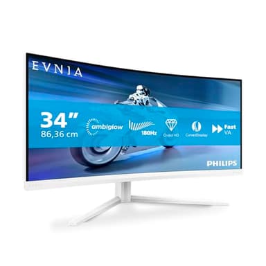Philips Evnia 34M2C5501A - 34 Zoll WQHD Curved Gaming Monitor, 180 Hz, 1 ms, FreeSync Premium, Ambiglow (3440x1440, 2X HDMI 2.0, 1x DisplayPort 1.4, USB Hub) Weiss