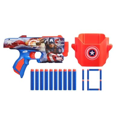 Nerf Marvel Captain America Dart-Blaster mit 10 Nerf Elite Schaumstoff-Darts und Holster für Munition, Outdoor-Spielzeug mit Abschussvorrichtung und Spannschlitten, originelles Geschenk