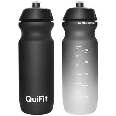 QuiFit Trinkflasche Sport Auslaufsicher, Squeeze Wasserflasche Fahrrad 2er Pack, Gym Flasche BPA Frei, Gym Trinkflasche 750ml mit Kapazitätsskala (Black+ Black White(2pcs), 750ml)