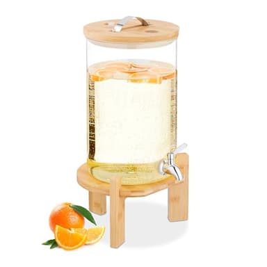 Relaxdays Getränkespender, 8 Liter, Kalt- & Heißgetränke, Bambus-Ständer, Thermometer, Bowle-Gefäß, transparent/Natur